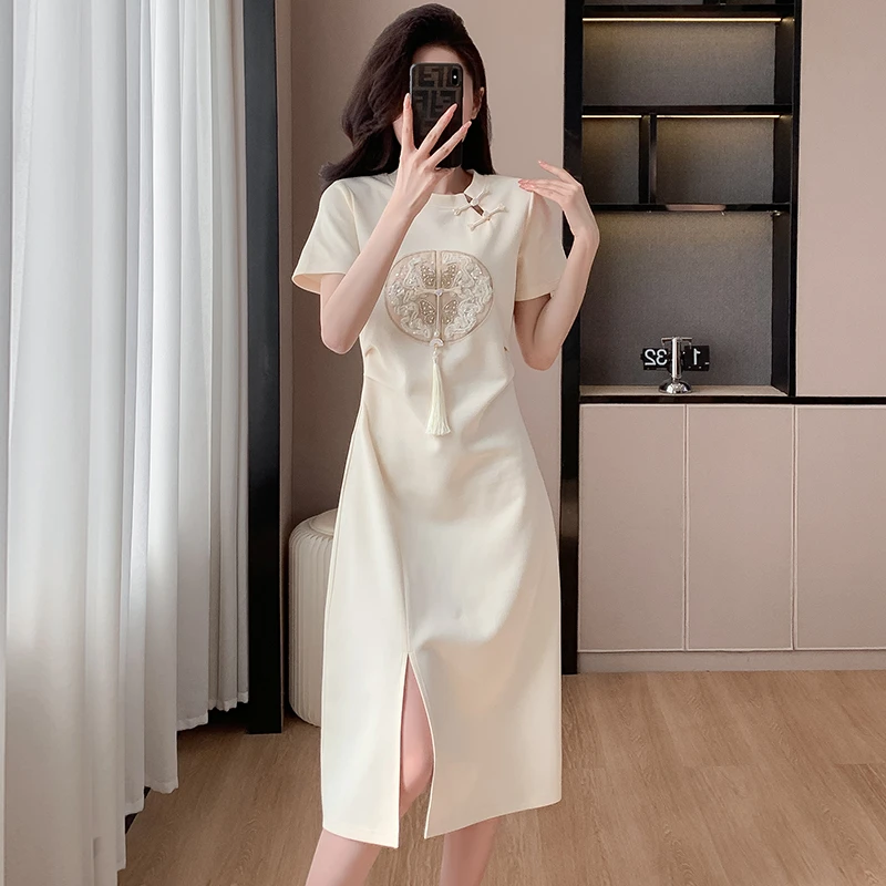 实拍国风连衣裙盘扣流苏中长款皱褶遮肉显瘦开叉设计感大码T恤裙