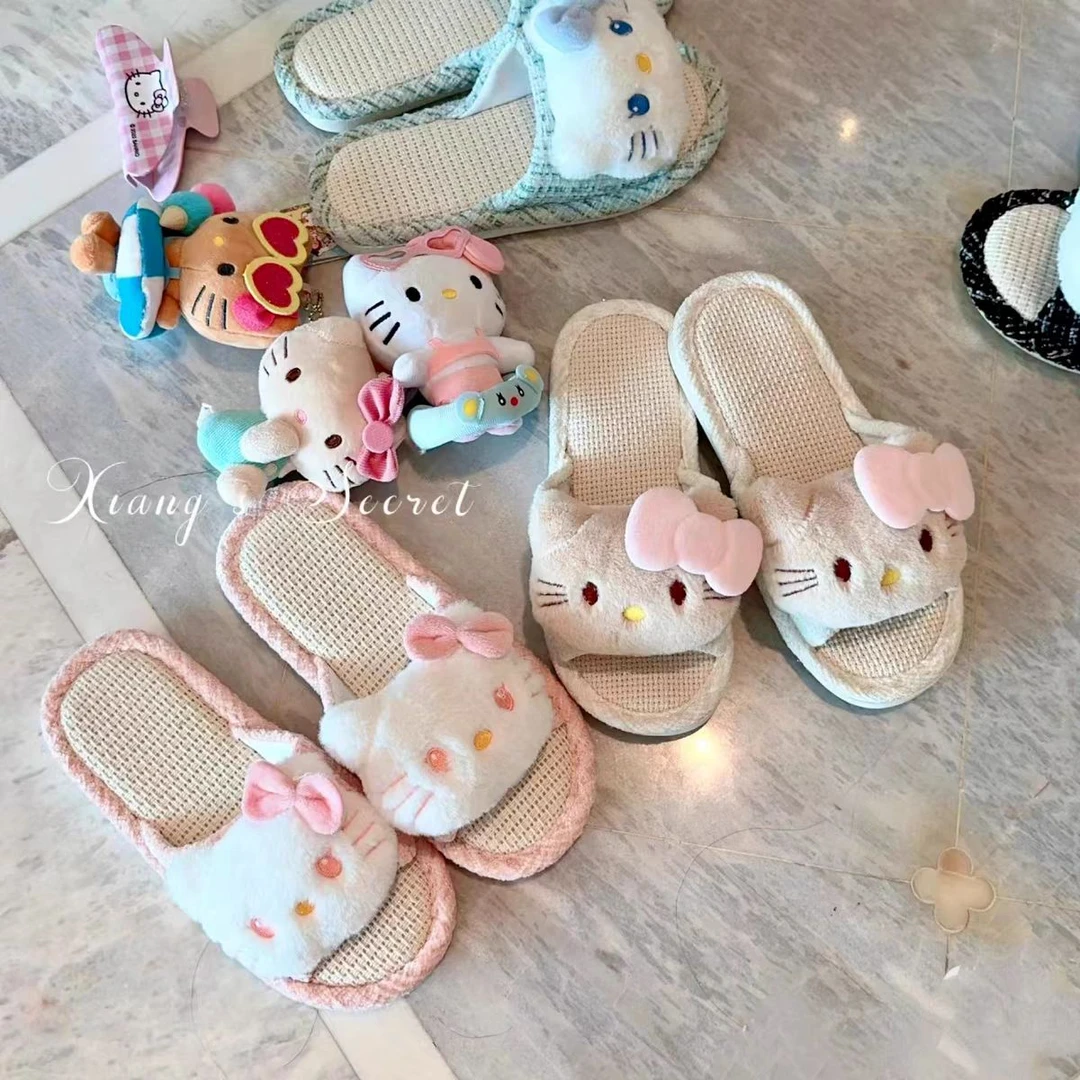 卡通可爱亚麻拖鞋女春夏kitty猫防滑居家透气休闲室内拖鞋女士夏