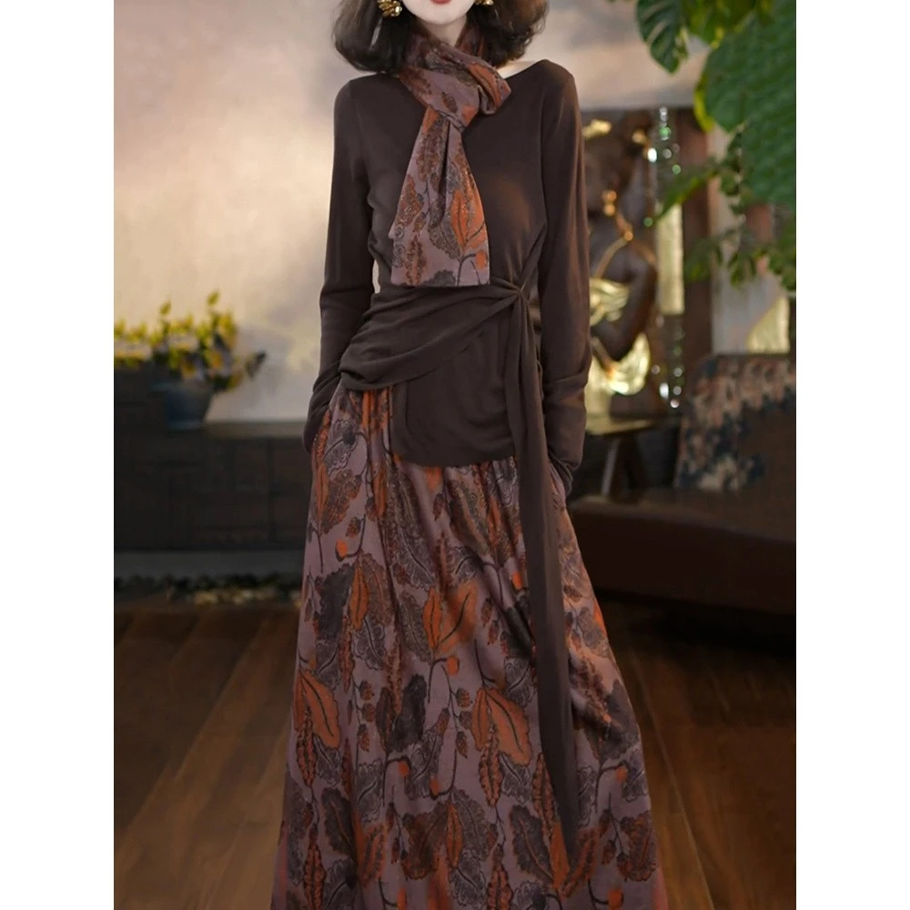 2025时尚文艺套装秋冬新款休闲显瘦纯色上衣＋半身裙两件套