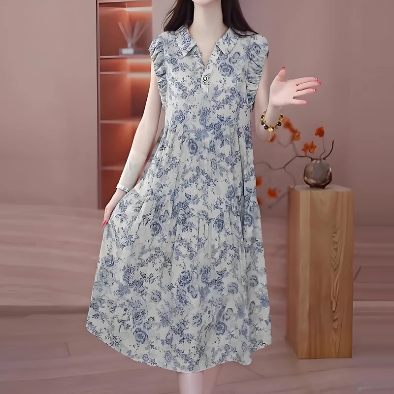 法式时尚翻领碎花连衣裙女夏季新款气质显瘦宽松遮肉减龄中长裙子