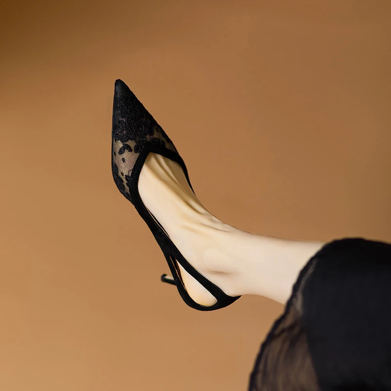 法式复古浅口单鞋2025年新款尖头网纱透气高跟鞋仙女风气质凉鞋女