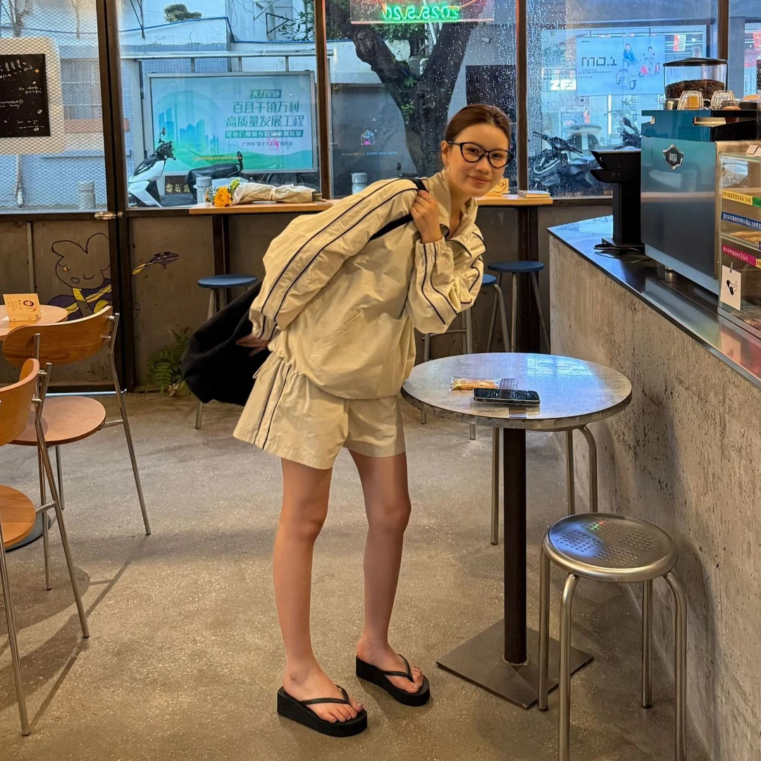 【清】逸语2025春两件套半拉链翻领长袖套头上衣+阔腿休闲短裤2041