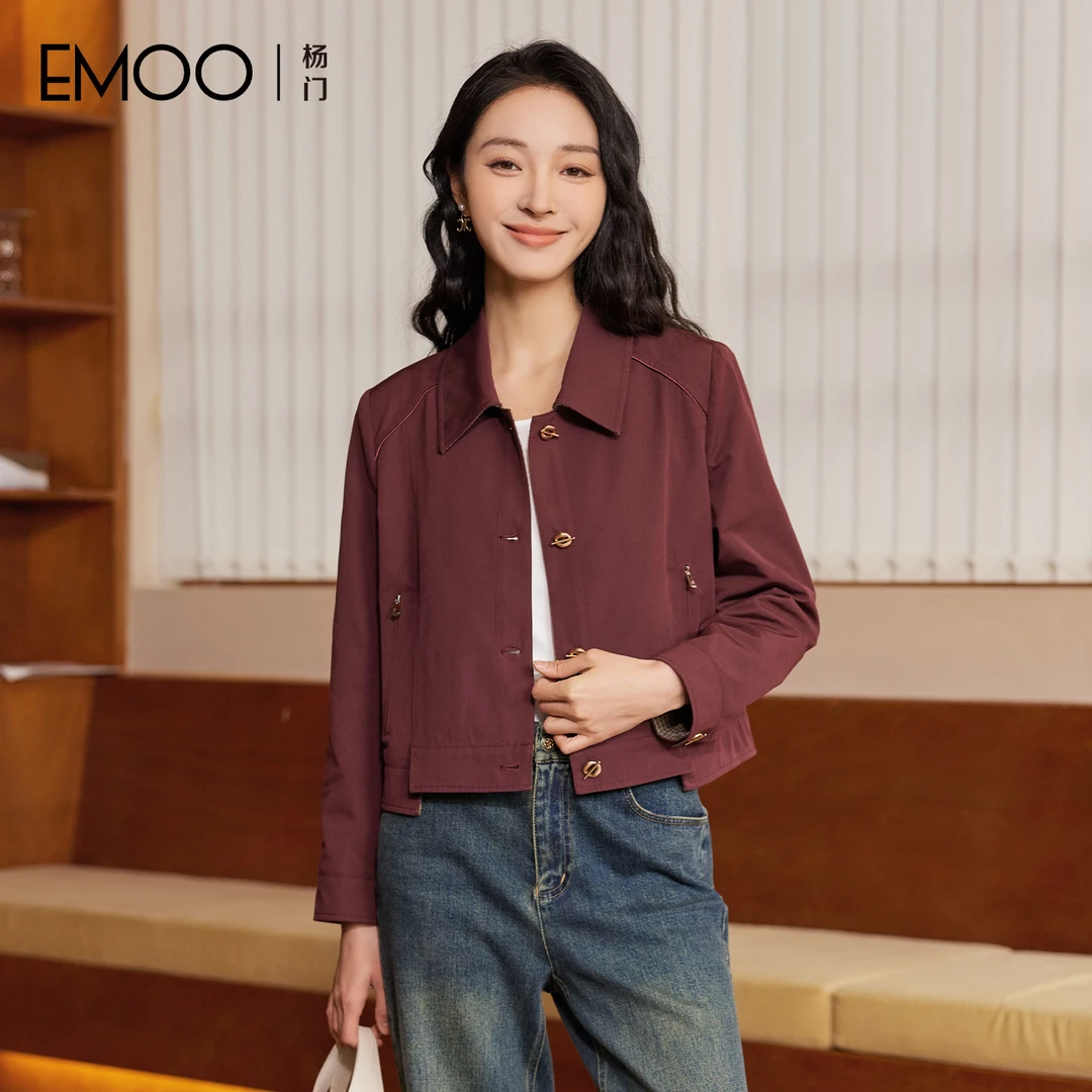 EMOO/杨门气质不褪色短款宽松短外套复古纯色简约翻领E34W163395