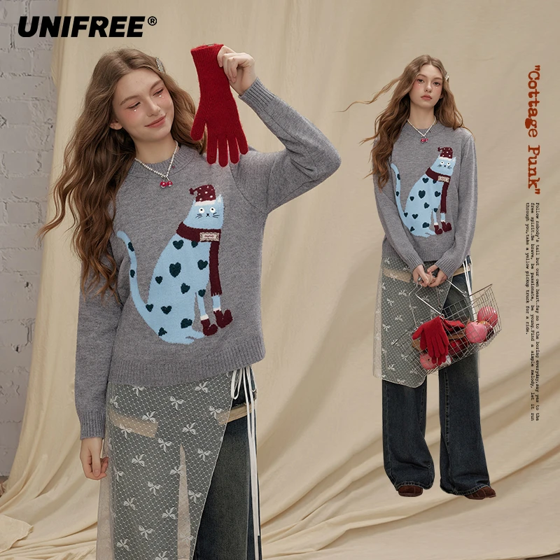【云c专属】unifree灰色圆领小猫提花毛衣U253K570B1B1