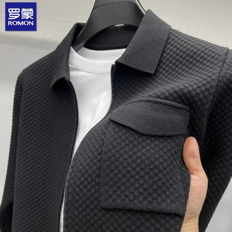 罗蒙春秋季男士针织开衫时尚休闲纯色男装线衣翻罗蒙男士加绒毛衣