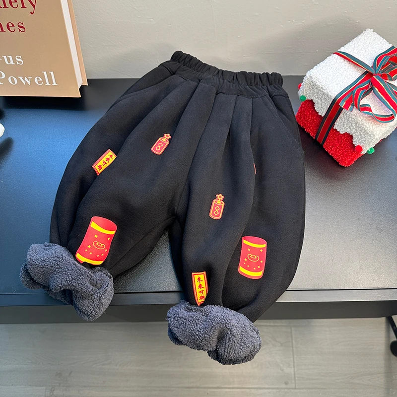 现货【厚绒】儿童休闲裤冬季2024新款男童百搭卡通束脚长裤CK009