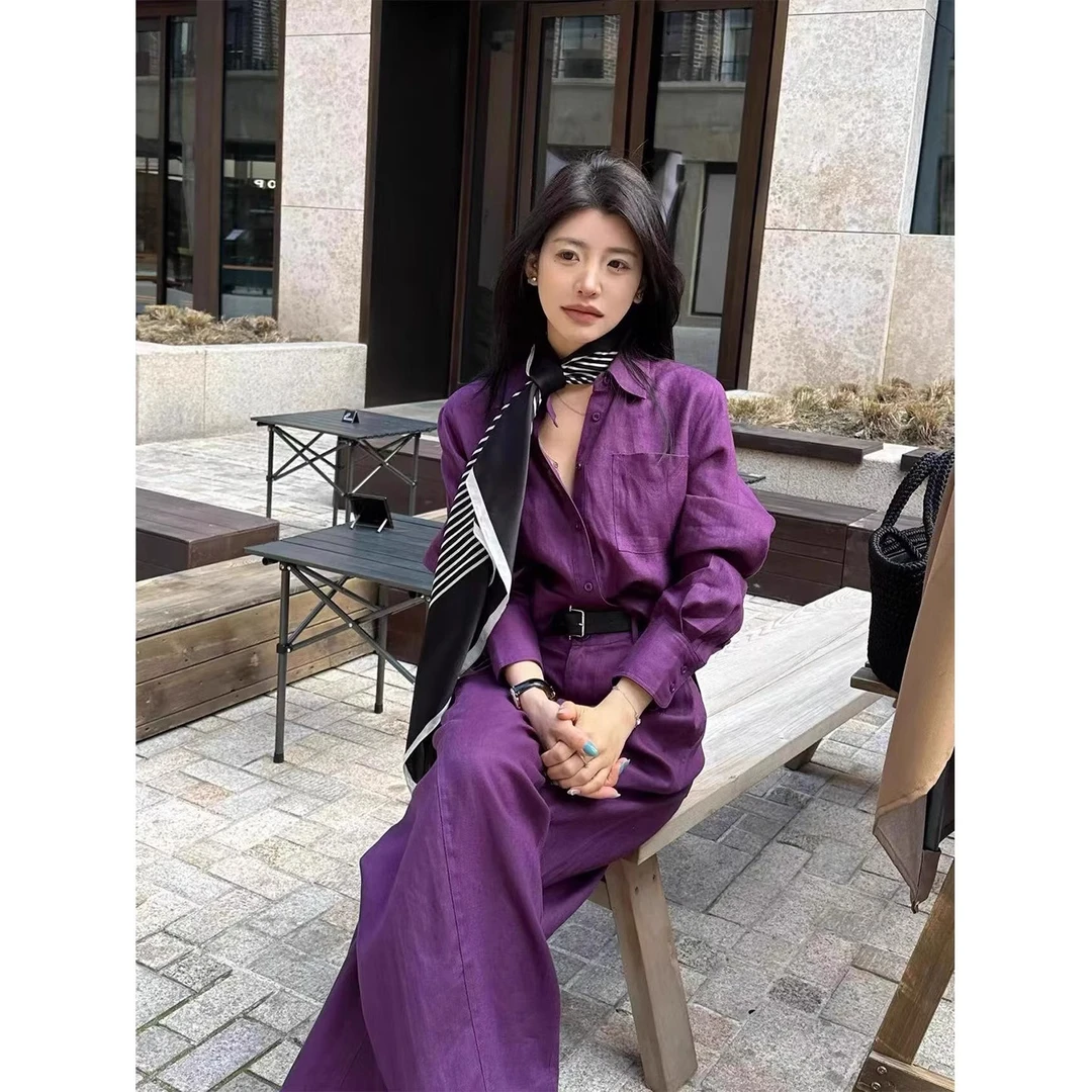 高端老钱风亚麻套装女夏季松弛感轻奢紫色棉麻防晒衣阔腿裤两件套