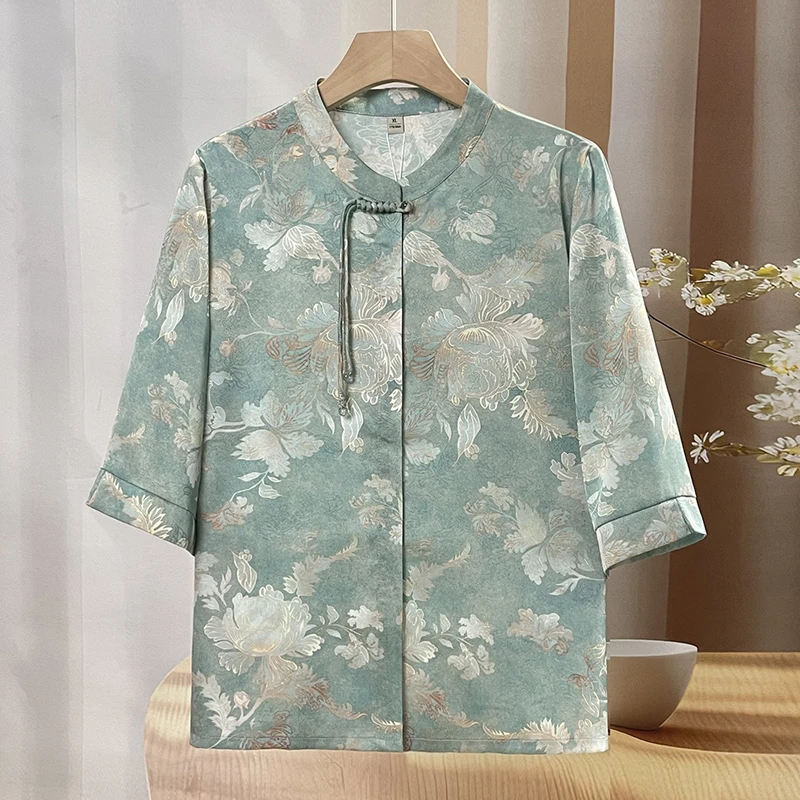 奶奶夏装衬衫七分袖宽松大码中老年人妈妈夏季国风衬衣老太太衣服