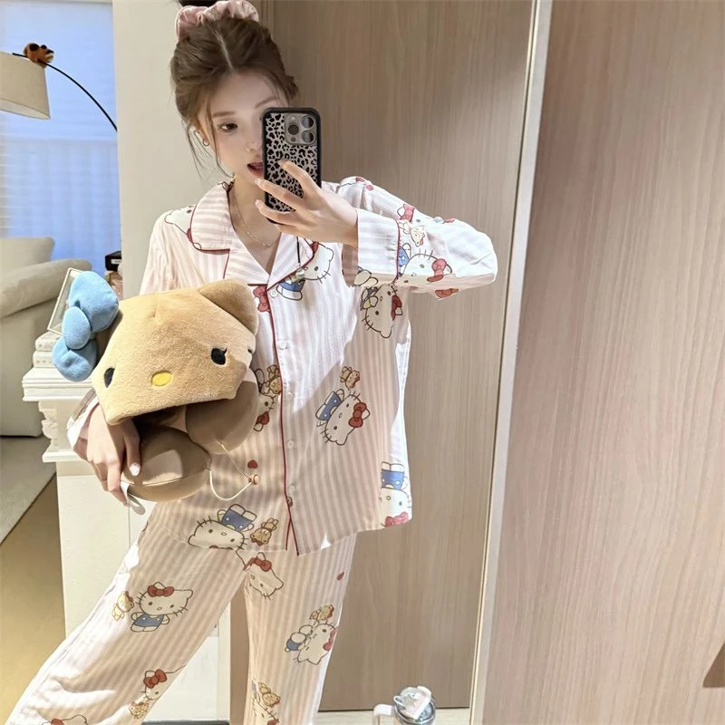 秋冬季睡衣甜美可爱ins粉条纹KT猫女士亲肤柔软家居服套装可外穿