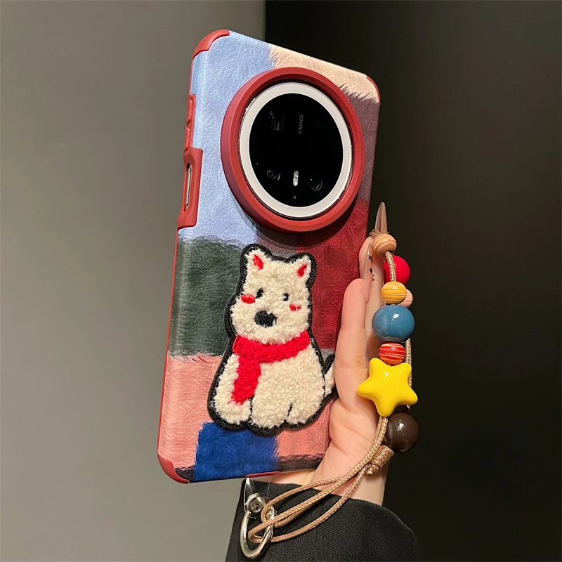 适用华为mate70pro+手机壳p80色块拼接刺绣西高地mate60pro女款