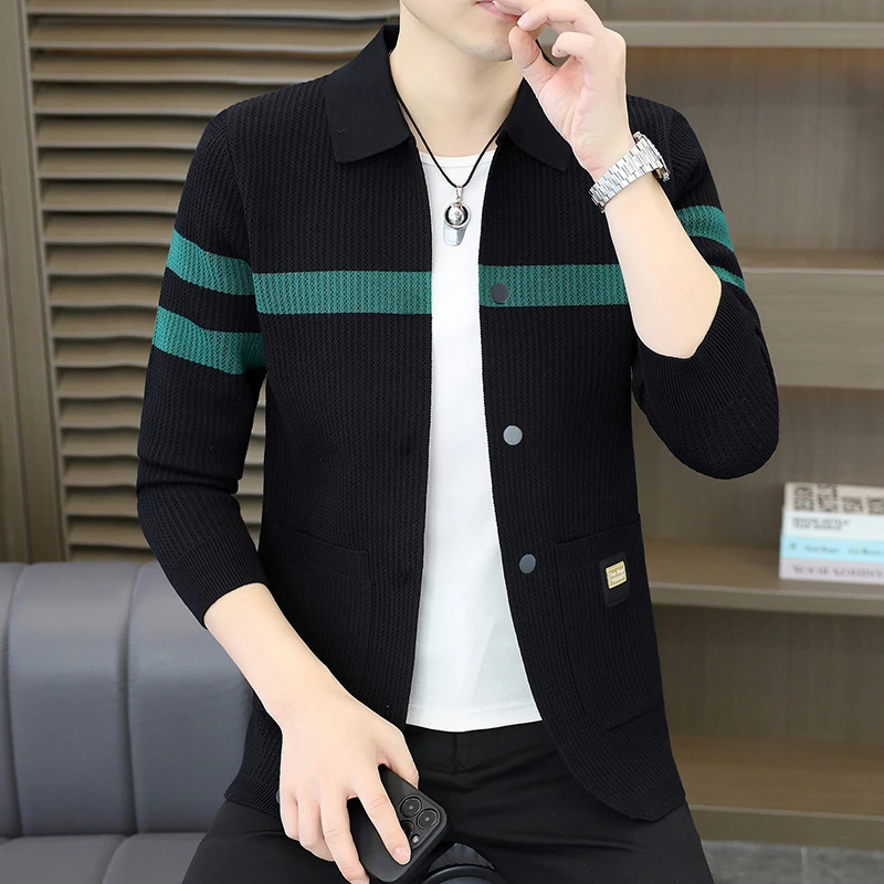 男士时尚开衫秋季新款毛衣潮流帅气翻领针织衫韩版修身长袖外套
