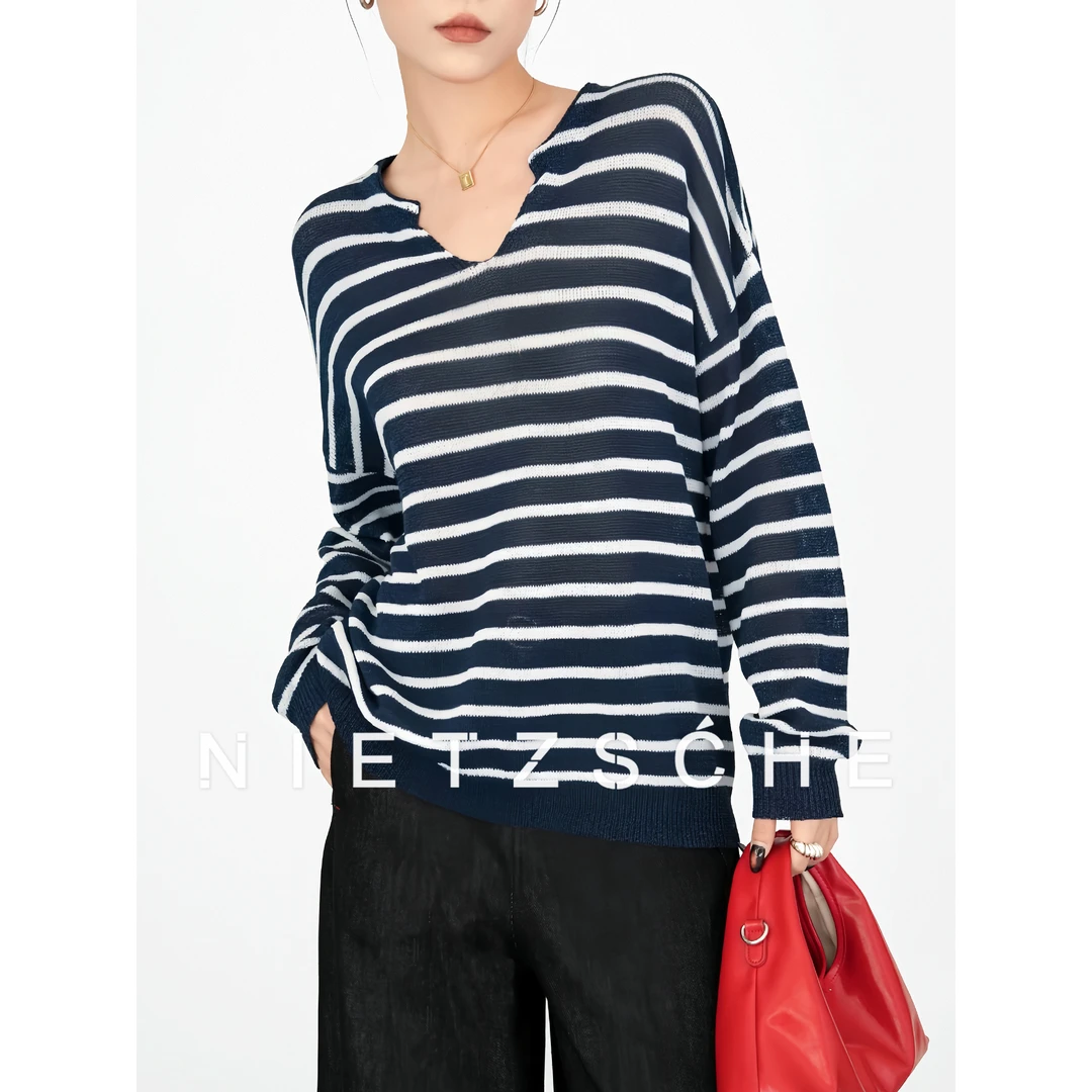 尼采 官方直营｜老钱海魂衫｜进口和纸松弛感条纹圆领罩衫25216