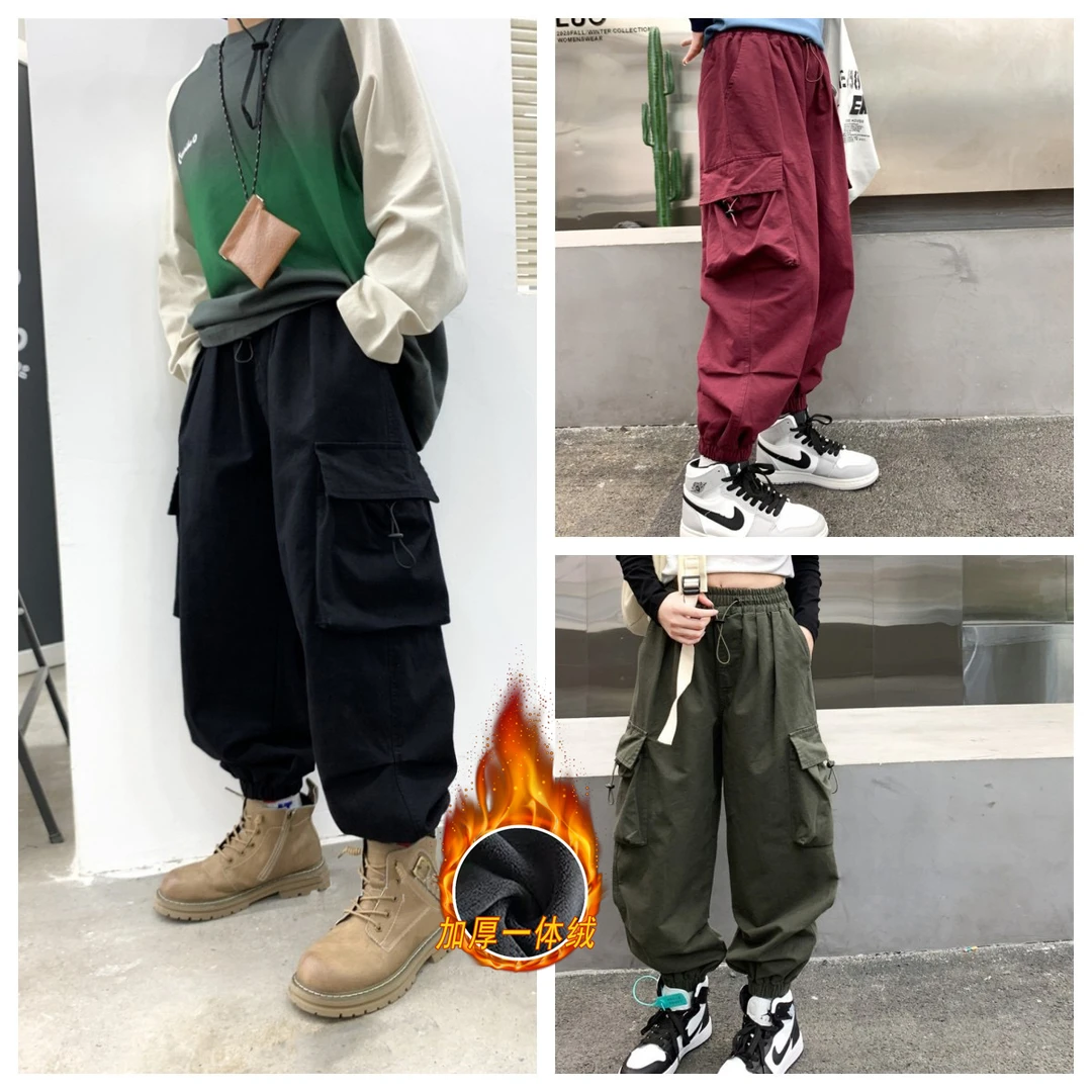 秋冬加绒韩版2025新款休闲裤男女童潮流工装裤宽松中大童棉布长裤