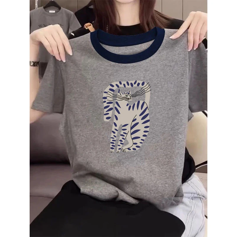 2025新款正肩撞色圆领短袖t恤女时尚百搭爆款灰色上衣打底衫夏季