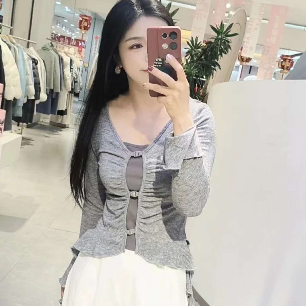 长袖针织修身型INS风防水V领T恤木耳边荷叶边拼接