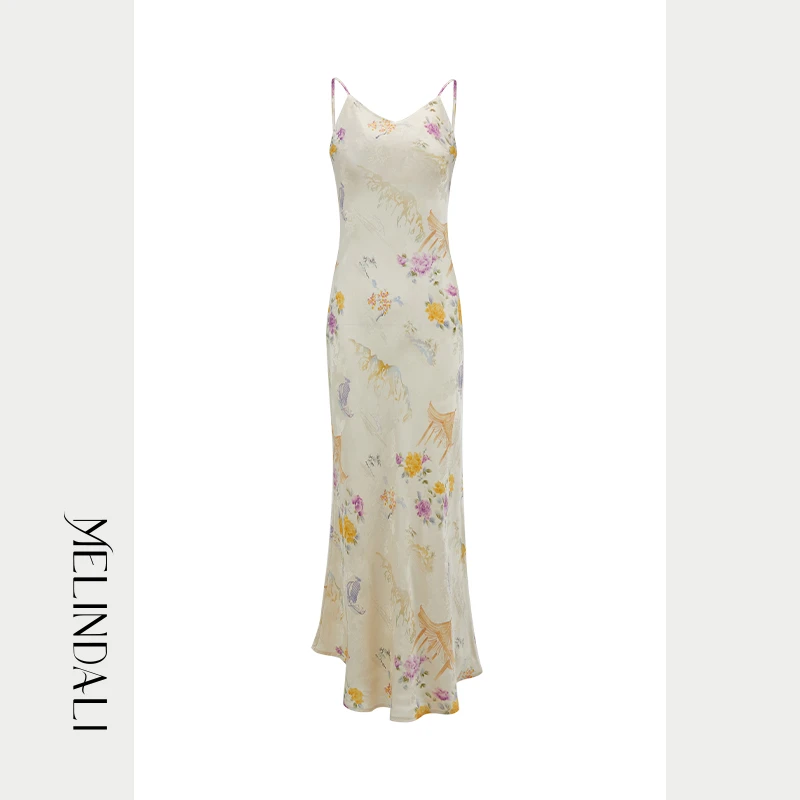 Melinda Li【飞鸟集】新中式复古光泽感花卉提花印花V领斜裁连衣