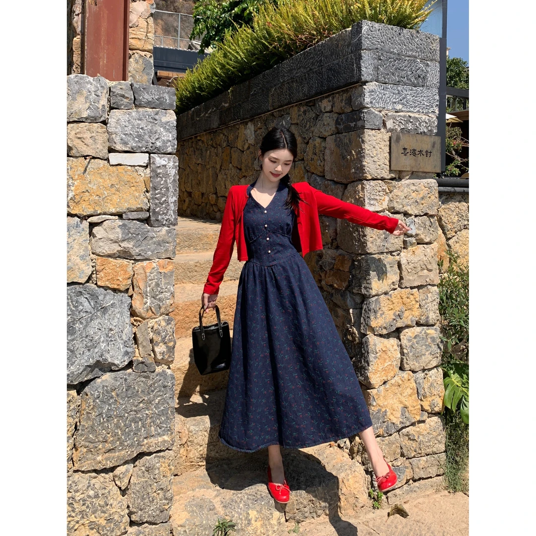 【小曹大码】韩系文艺碎花吊带裙法式复古＋红色开衫外套装-YSNZ9205