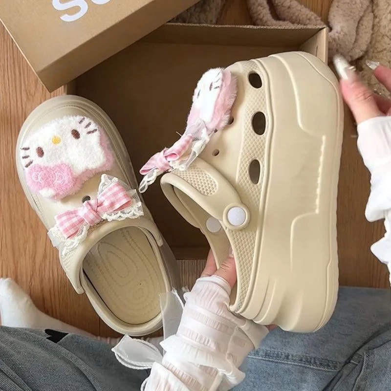 休闲百搭卡通小猫外穿增高包头拖鞋2025夏外穿厚底防滑新款洞洞鞋