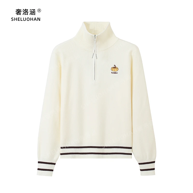 南瓜刺绣半高领拉链条纹针织衫女秋冬款安迪绒加厚学院风保暖毛衣