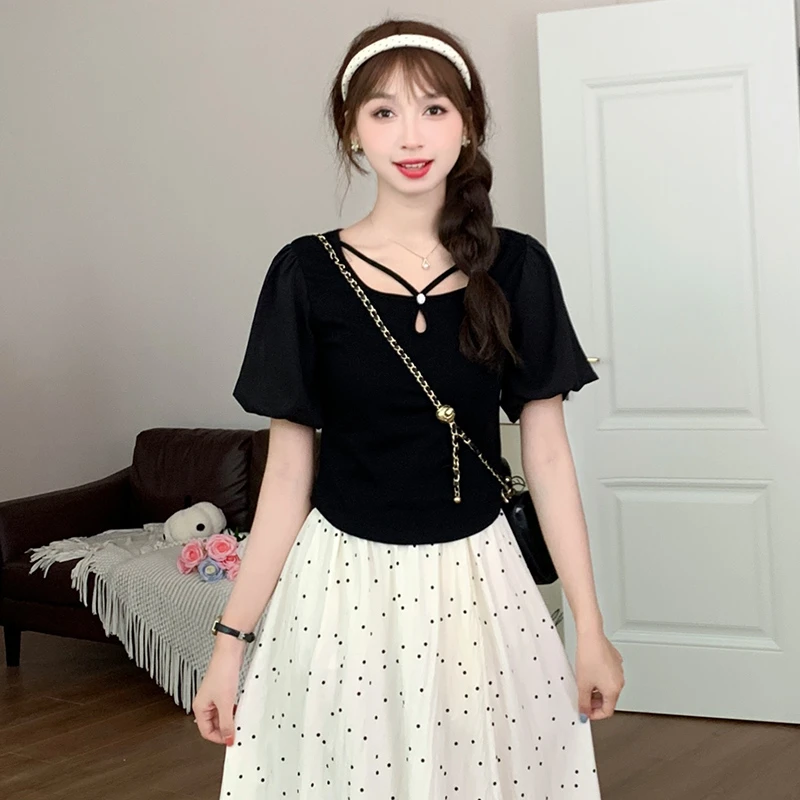 慕兔韩版洋气小个子T恤女2024夏季新款时尚百搭泡泡袖设计感上衣