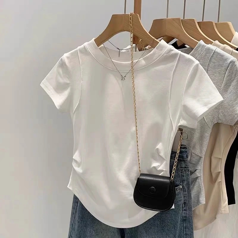 经典百搭短袖圆领t恤衫2025设计感褶皱鱼骨修身纯欲夏季显瘦小衫