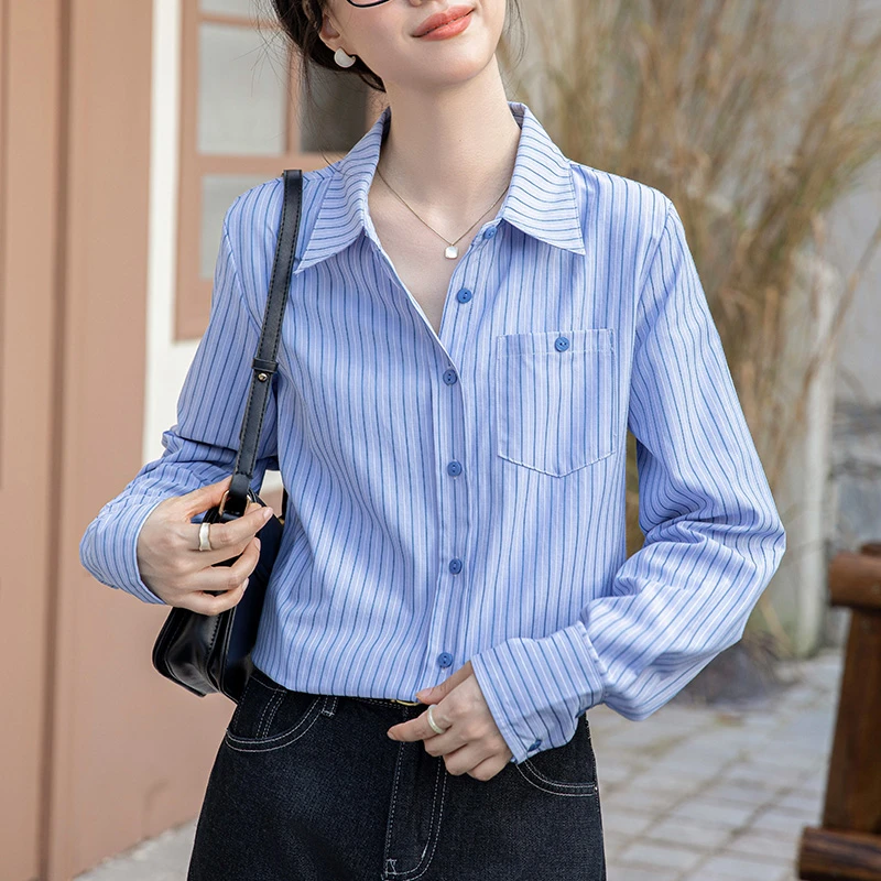 秋季韩版条纹衬衫新款宽松Polo领通勒长袖上衣1988