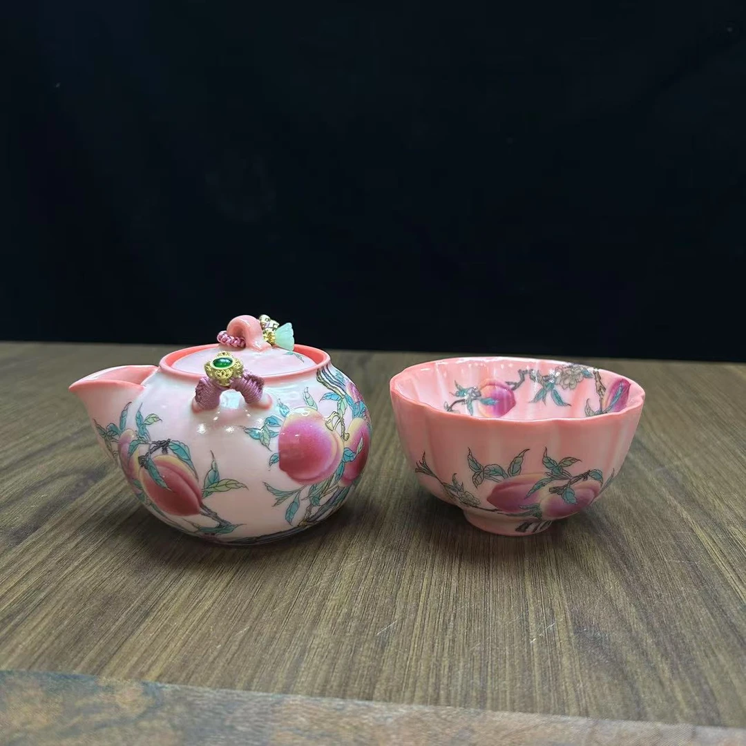猪油冻九桃手抓壶+猪油冻九桃莲花杯-ZH1185