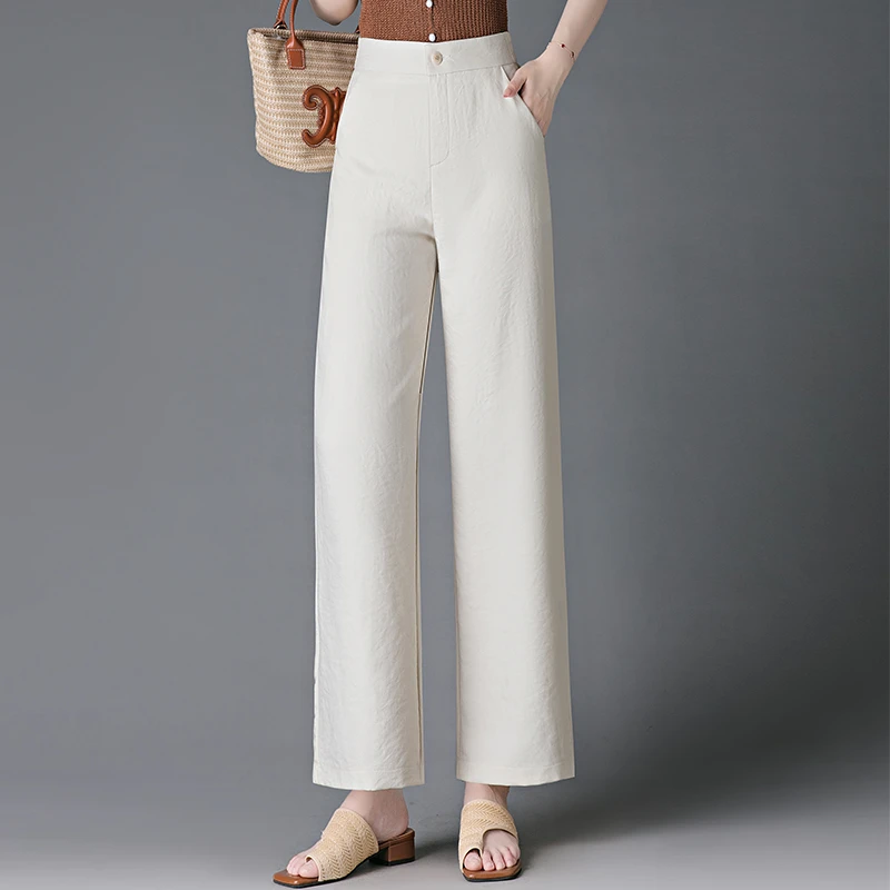 2025夏季新款垂感阔腿裤女士高腰米白色中年妈妈直筒休闲裤子薄款