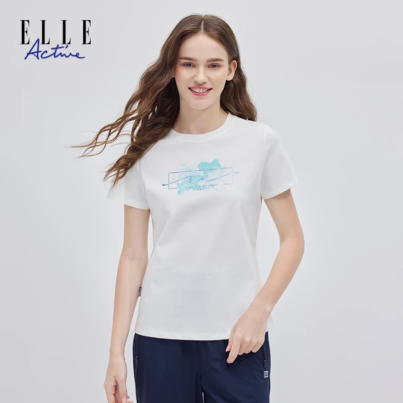 ELLE Active渐变印花短袖t恤女2025夏季新款正肩圆领上衣百搭休闲