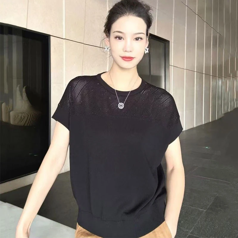 【商场同款】简约圆领显瘦镂空亮片冰丝针织衫薄款短袖T恤女538012