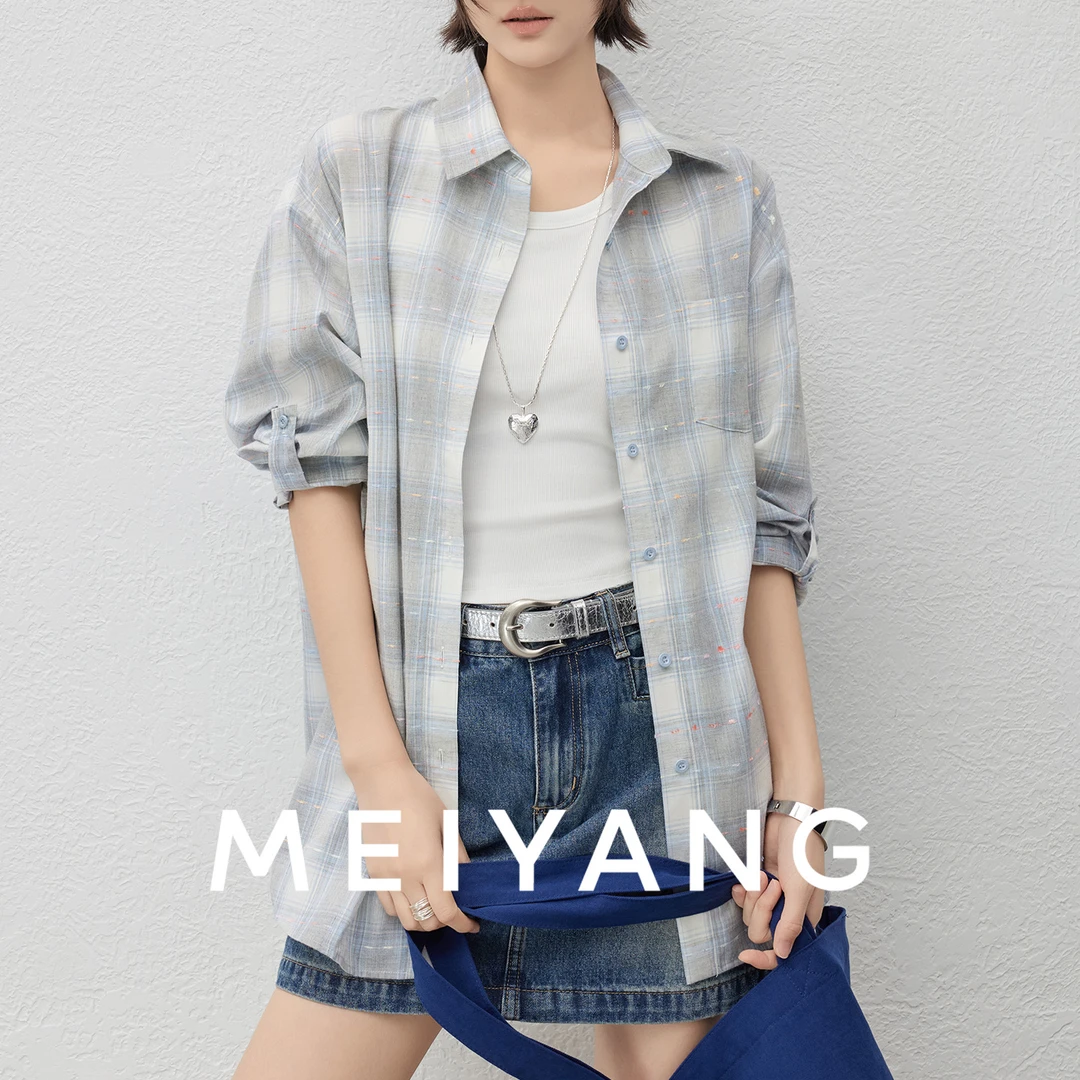 A美洋MEIYANG【商场同款】彩星衬衫 色织格纹流苏提花衬衣-周二