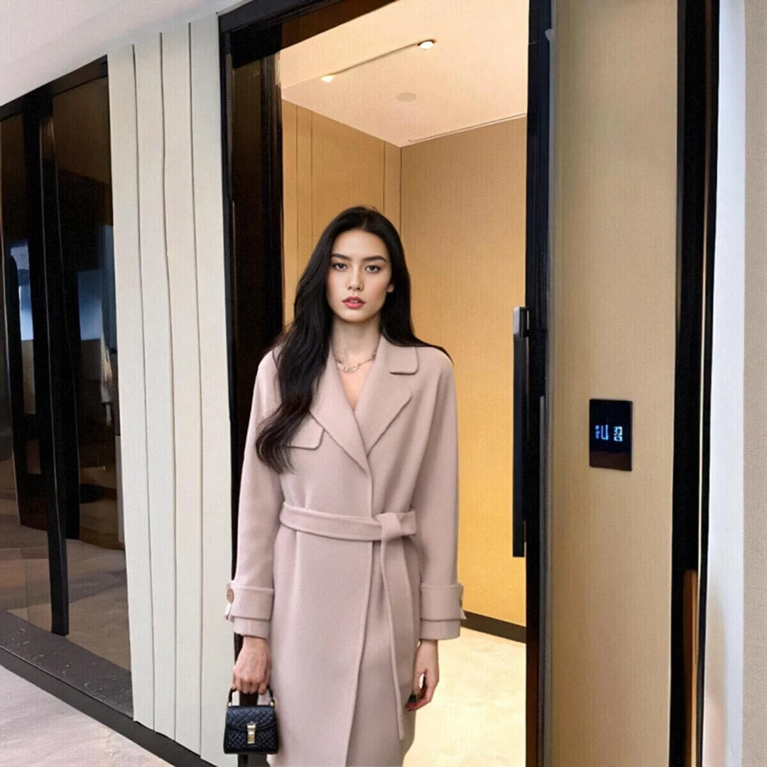 衣莎美诺秋冬大衣女 浅色中长款厚外套64084121