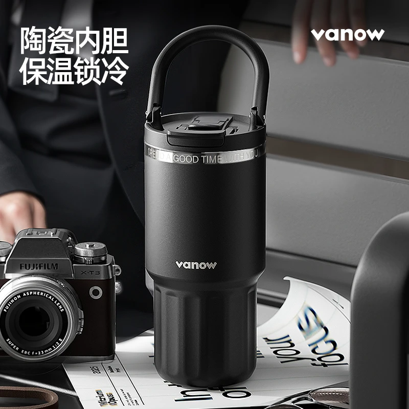 vanow新款提手冰霸咖啡杯上釉陶瓷便携车载大容量吨吨补水保温杯
