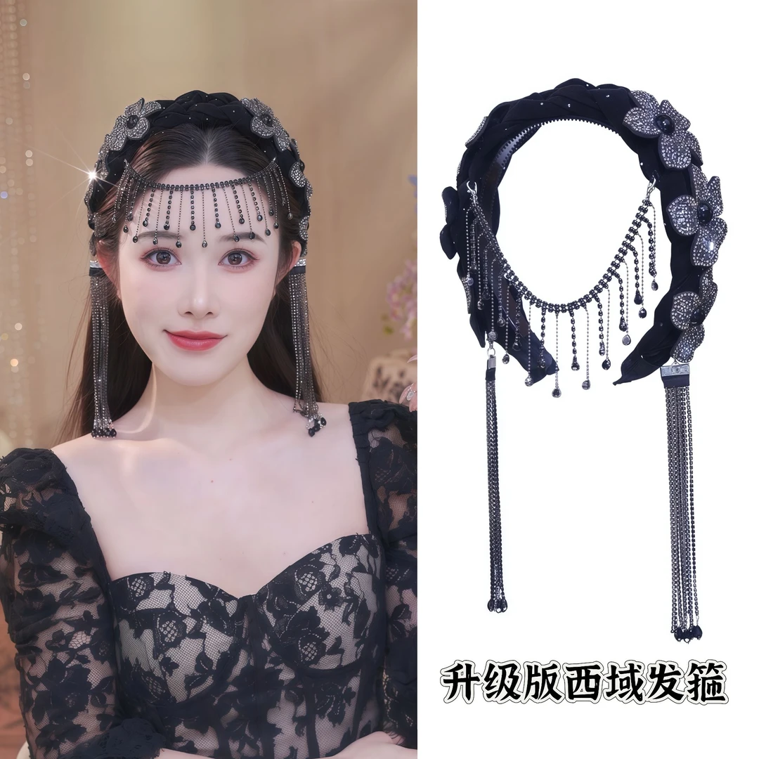 【升级版西域女神发箍】洋气上档次遮发缝丝绒花朵流苏发箍3245
