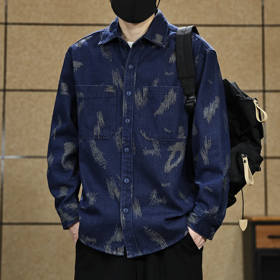美式复古色织提花牛仔衬衫男长袖2025新款宽松工装衬衣男春秋外套
