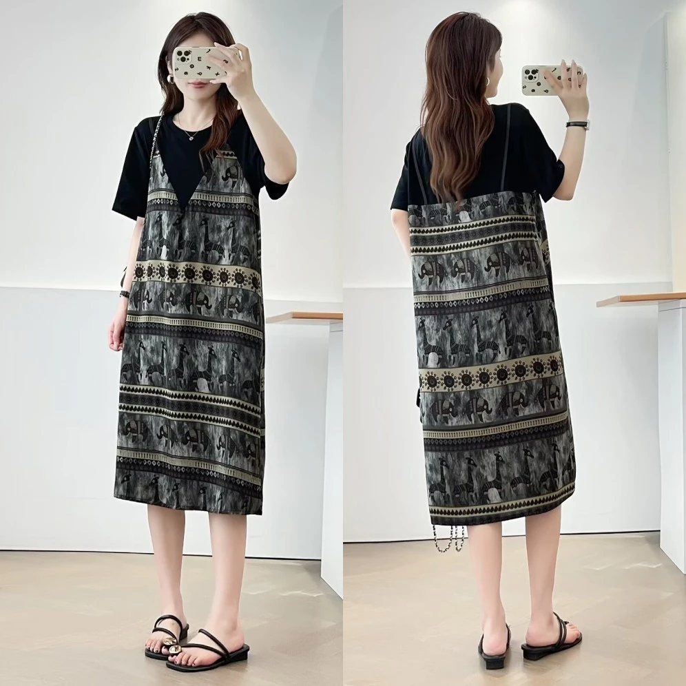 梦冬佳--110-195斤微胖大码女装胖mm宽松显瘦假两件印花连衣裙子