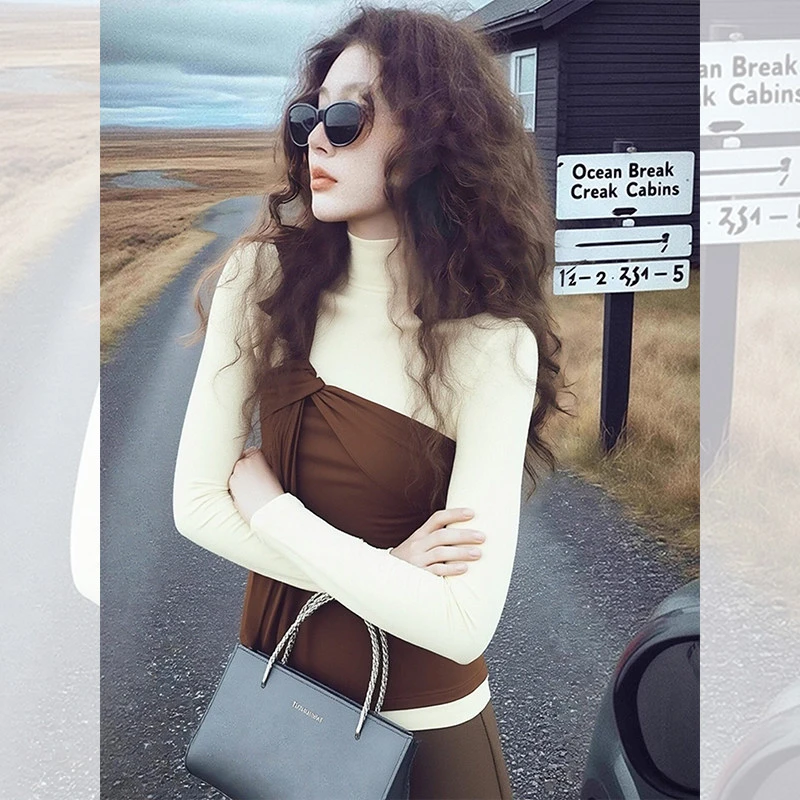 假两件内搭独特漂亮系带小衫洋气百搭长袖t恤半高领上衣女装秋冬