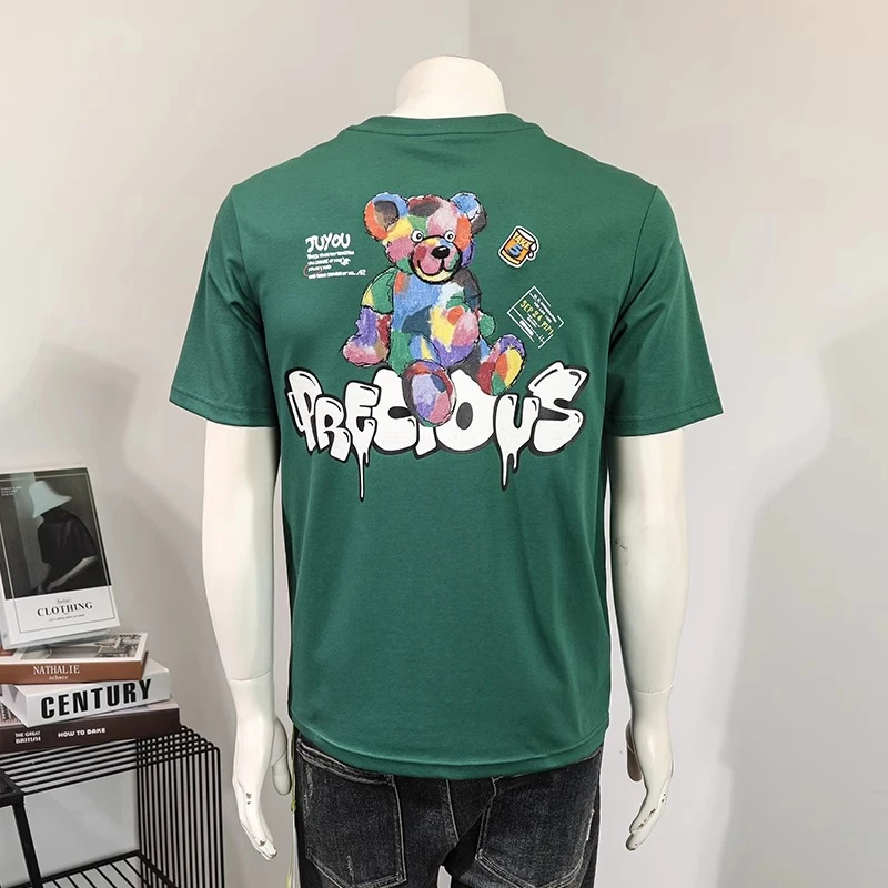 佩托本那夏季短袖t恤男时尚小熊刺绣印花休闲半袖透气修身上衣T恤
