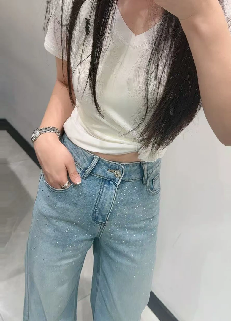 浅色烫钻高腰显瘦阔腿直筒牛仔裤时尚百搭