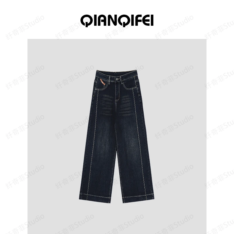 新款高腰宽松显瘦侧边刺绣牛仔裤 81012-9122