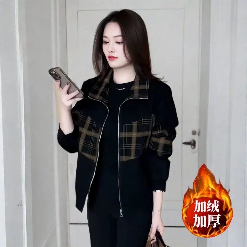 2025冬季新款韩版格子女加厚大码百搭加绒短外套时尚女装夹克上衣