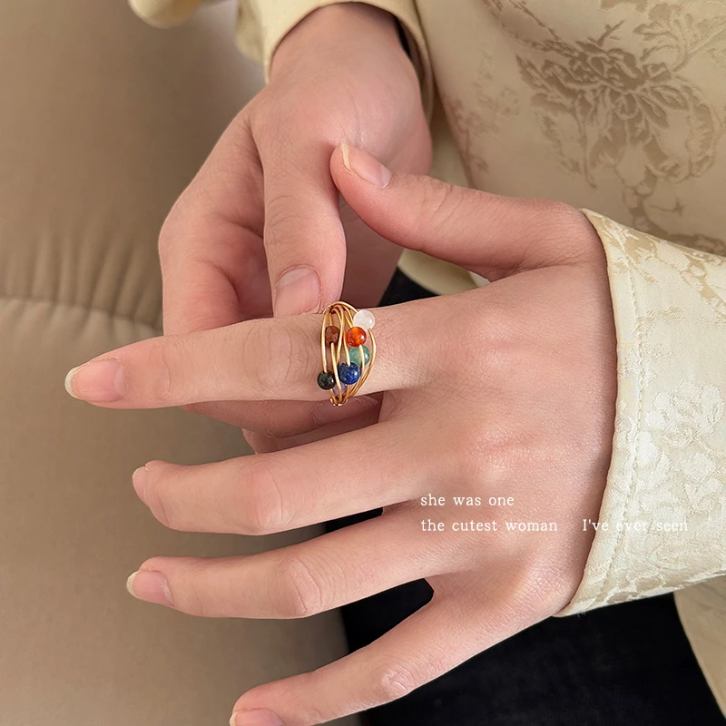 合金戒指 韩系多层缠绕彩珠戒指女情人节配饰指环时尚百搭食指戒