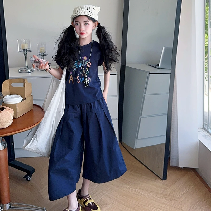 女童夏装套装2025新款中大童时髦洋气薄款休闲宽松阔腿裤两件套潮