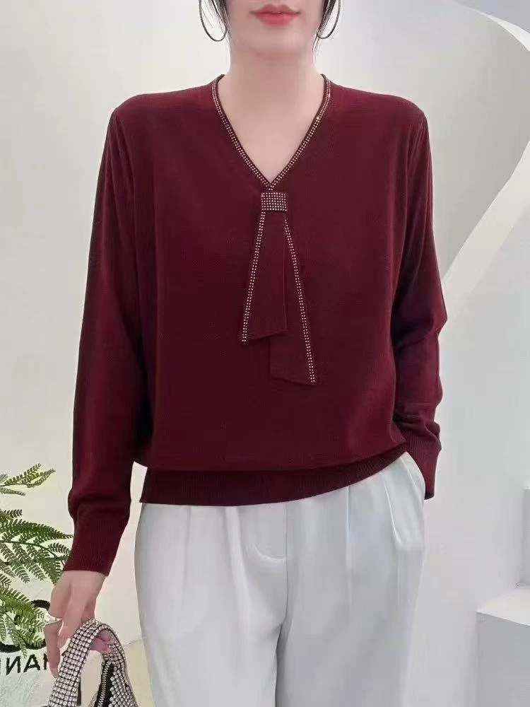 2372冬季V领妈妈毛衣针织衫亮钻领带百搭针织衫长度62