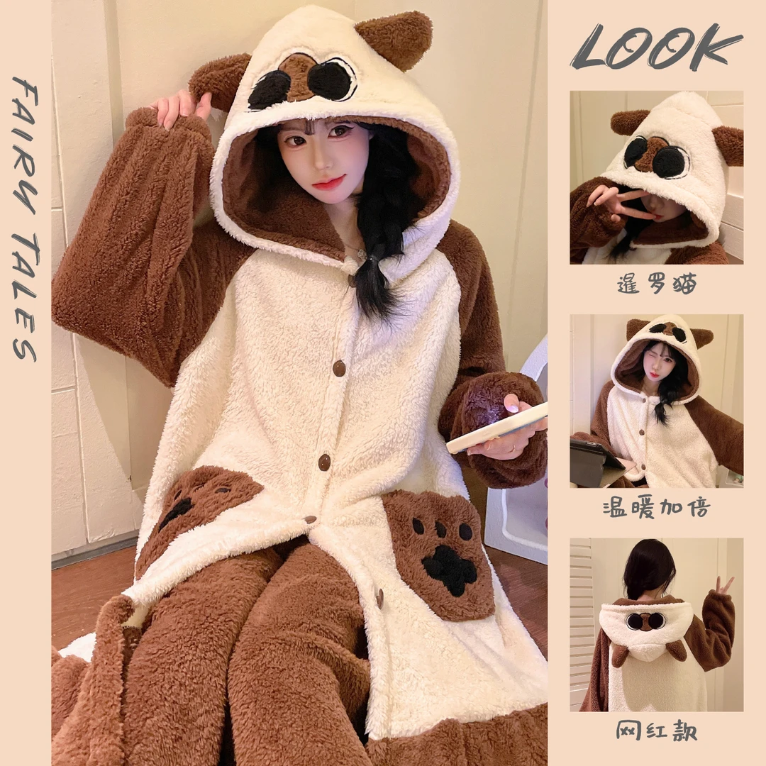 暹罗猫睡衣女款新款秋冬季可爱卡通珊瑚绒加绒加厚保暖套装家居服