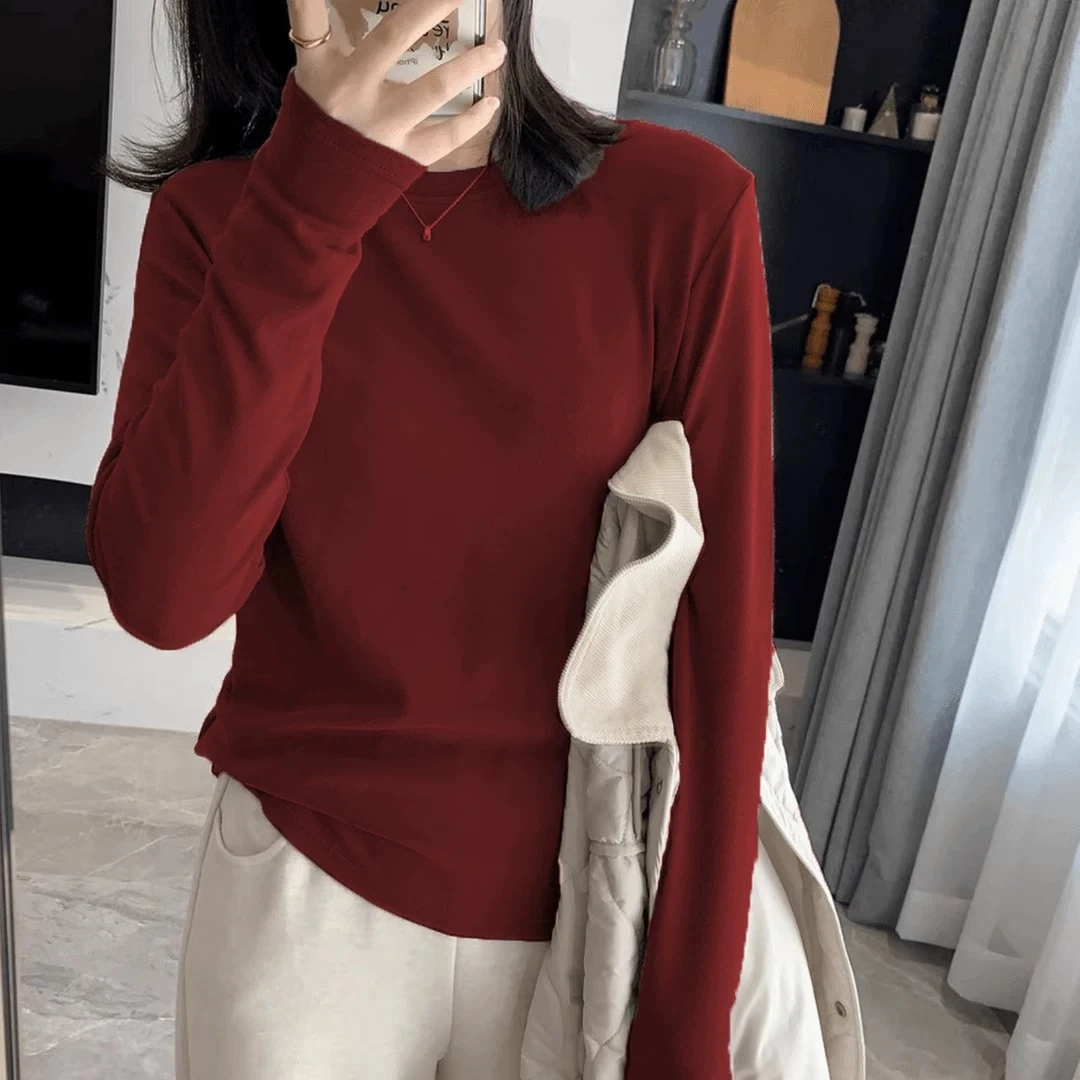 港味复古chic百搭通勤修身别致性感长袖T恤女早秋打底衫圆领上衣