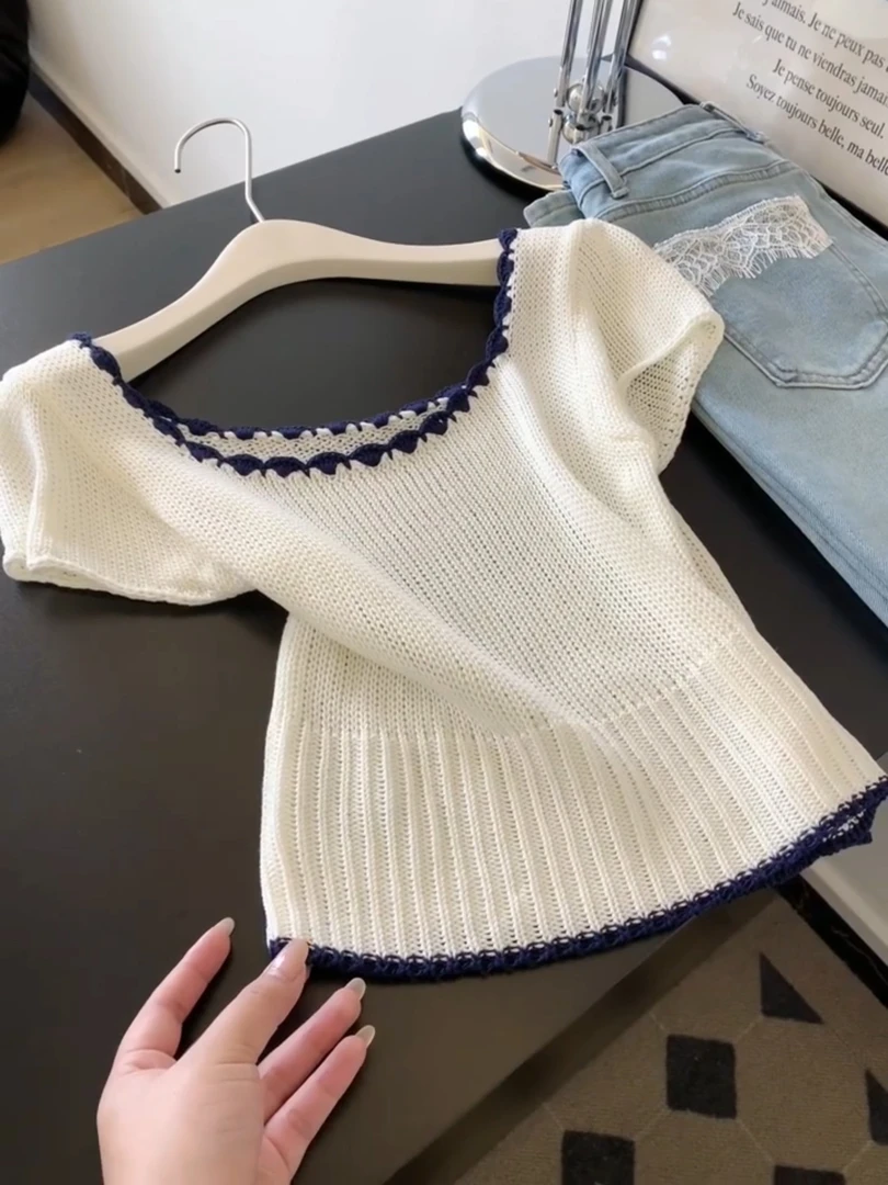 美式撞色圆领冰丝针织短袖t恤女夏季小个子修身显瘦正肩短款上衣