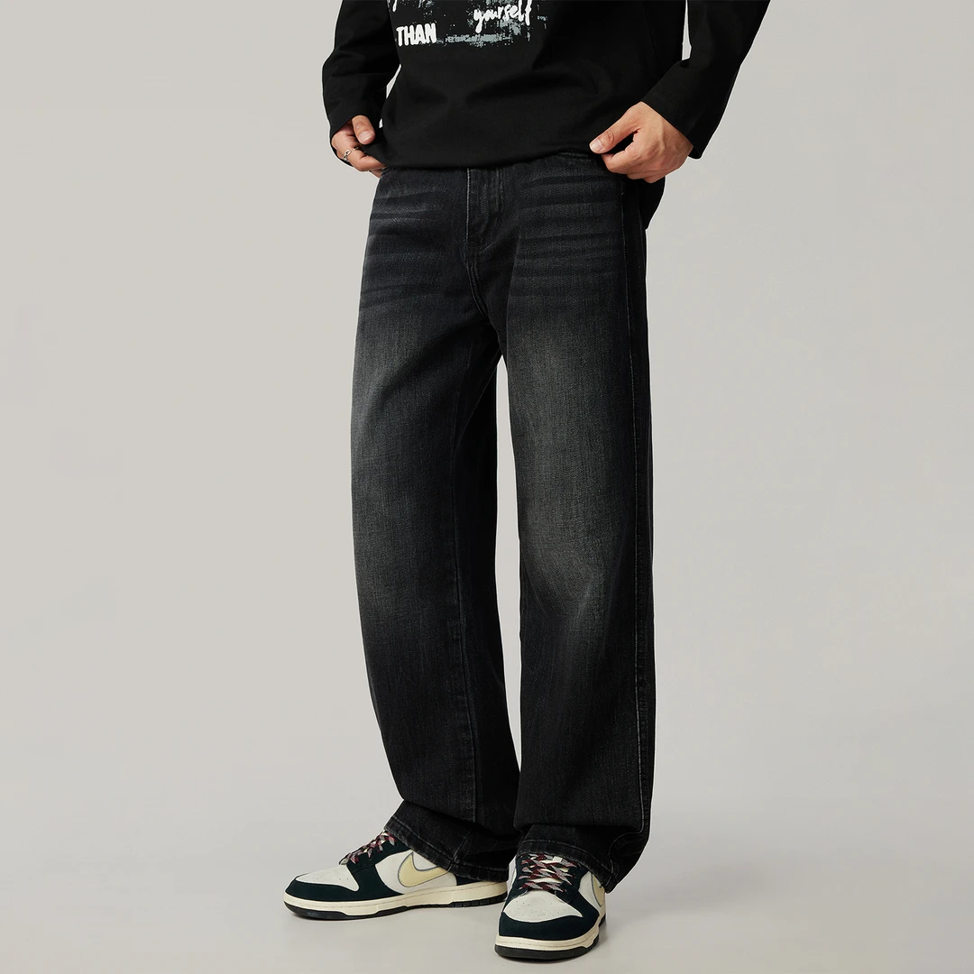 美式高街复古2025秋季新款黑色牛仔裤男潮牌宽松直筒vibe阔腿长裤