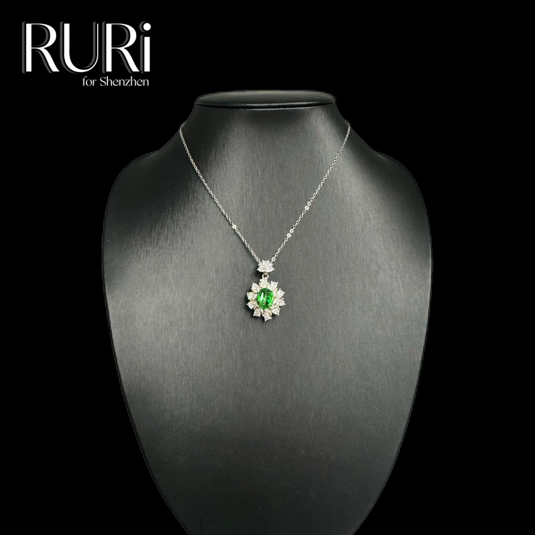 坠链均925银合成锆石 RURI 简约时尚花旋镶嵌绿石项链 A0667