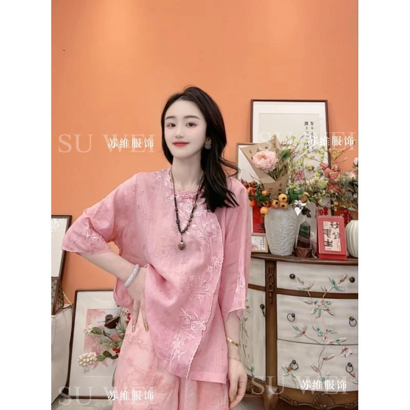 915苎麻女装苎麻盘扣复古文艺刺绣宽松显瘦轻薄透气衬衫上衣